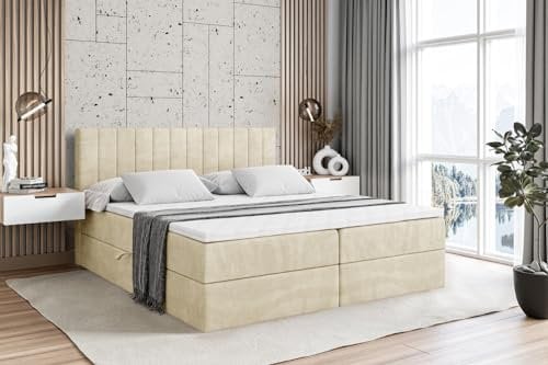 ALTDECOR Boxspringbett mit Matratze und Lattenrost, Boxbett, Topper, Polsterbett mit Bettkasten, Bett mit Stauraum H3-Matratze, Doppelbett, Springboxbett - Edita - 160x200 Beige Samt