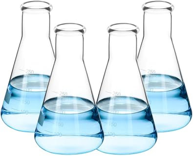 QWORK Erlenmeyer Flask Set, 4 Pcs 250ML Borosilicate Glass Conical Flasks with Narrow Mouth, Printed Scale, for Lab, Classroom, Kitchen, Craft, Home