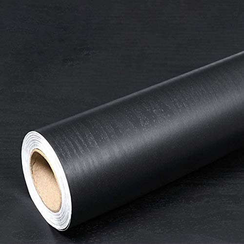 Hode Black Wood Effect Vinyl Wrap for Furnitur Kitchen Cupboards, Sticky Back Plastic Roll Self Adhesive Wallpaper, Worktop Vinyl Covering Contact Paper Matt 90x600cm