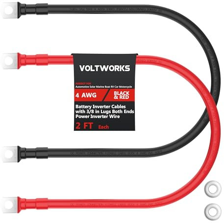 VOLTWORKS 4 AWG Gauge Red + Black Pure Copper Battery Inverter Cables Solar, RV, Car, Boat 2ft 3/8 in Lugs