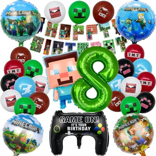 YOGARTH 26 Stück Pixe Geburtstagsdeko 8 Jahre Junge, Video Game Geburtstag Party Set, Luftballons Geburtstag Set, Kindergeburtstag Ballons Set, Party Deko Geburtstag Set für Kinder (8)