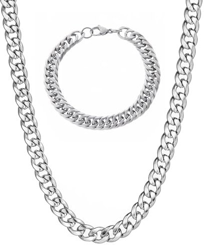 BVLAGIDA Halskette Herren, Edelstahl Panzerkette Herren, 5MM Breite Silber Halskette und Armband Set, Hip-Hop Necklace Mit Geschenkbox, 45CM