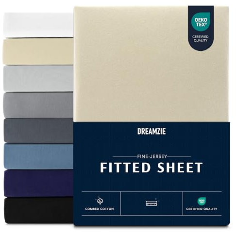 Dreamzie Premium Spannbettlaken 120x200 cm, Spannbetttuch für Dicke Matratzen bis zu 22 cm, Bettlaken 100% Jersey Baumwolle, 150 g/m², Oeko-TEX Zertifiziert - Beige