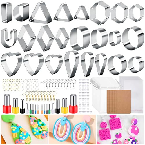 RUIJIE Polymer Clay Ausstecher Ohrringe Set, 150 Pcs Polymer Clay Cutters mit Ohrringkarten Haken, 24 Form Polymer-Ton-Ausstecher, Ton-Ohrringschneider für Schmuckherstellung DIY Schmuck (Edelstahl)