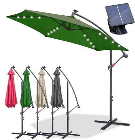 Jopassy Sonnenschirm 350cm mit LED solar,Ampelschirm Groß mit Ständer Alu Kurbelschirm UV-Schutz Parasol Wasserdicht Gartenschirm Marktschirm für Terrasse,Balkon,Garten,Grün