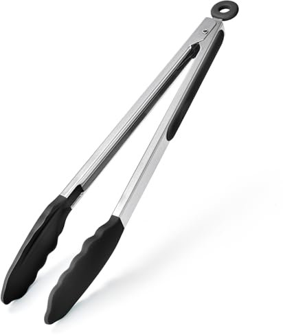 250℃ Heat Resistant Kitchen Tongs: U-Taste 30cm Cooking Pincer with Firm Sealed Non Stick Tips, Silicone Coated 18/8 Stainless Steel Handle and Smooth Locking (Black)