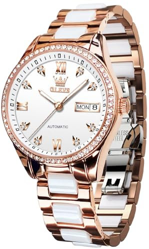 OLEVS Damen-Automatikuhr, Diamant-Lünette, modisch, wasserdicht, Kalender, zweifarbig, Edelstahl-Keramik-Armband
