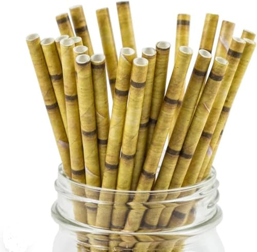 LUMOUS ROLA Paper Straws, Drinking Straws Assorted Bio Degradable Drinking Paper Straws Wedding Party, Party Straws, Restaurant, Juice Drinking Straws (50X Yellow Bamboo)