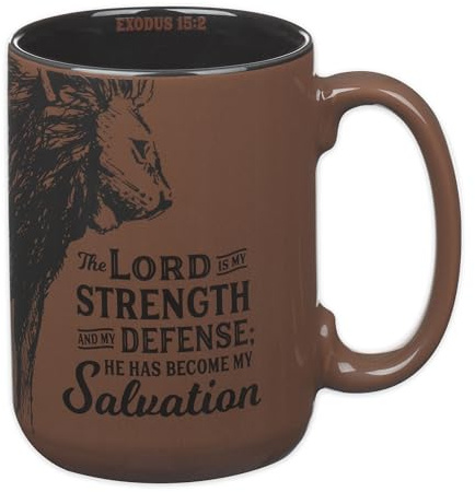 Christian Art Gifts Large Inspirational Ceramic Microwave & Dishwasher Safe Coffee & Tea Scripture Mug for Men & Women: Lord is My Strength Encouraging Bible Verse, Lion Design, Brown & Black, 14 oz.