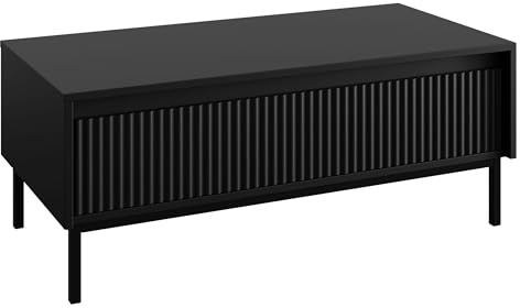 Mirjan24 Couchtisch Ozmi 1SZ mit Schublade (Schwarz) | Kaffeetisch mit geriffelter Front, Push-to-Open-System und Metallgestell für Fernbedienungen, Zeitschriften und Zubehör