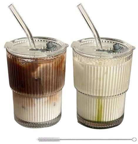 2 Stück Glas Trinkbecher, 400 ml Kaffeebecher mit Deckel Strohhalm und Glasbürste Kristallstreifen Glasbecher Smoothie Becher Einmachglas Eisgekühltes Lattewasser Saft Trinkbecher Eiskaffee Becher