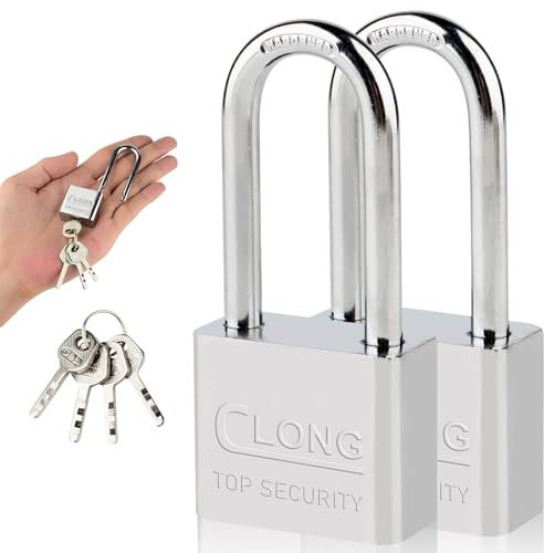 2 Pack Heavy Duty Steel Long Shackle Padlocks, Outdoor Waterproof Steel Safe Padlock with 4 Keys for Shed, Warehouse, Fence, Office, Garage, Garden, Gym Locker (60mm)