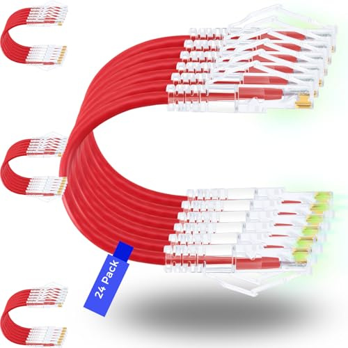 Rapink Patch Cables Cat6/ Cat6a 1ft (24 Pack) Slim, Cat6a Ethernet Patch Cable 10G Support, Snagless Cat 6 Patch Cable for Patch Panel to Switch, Flexiable Cat6 Ethernet Cable Red