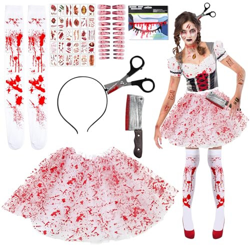SANLIUSANJIU 37 Pieces Halloween Blood Costume Horror Set Ladies, Women's Blood Zombie Costume with Blood Stained Nails, Scissors Headband, Machete, Tattoo, Tutu Skirts etc
