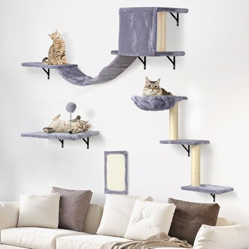 Katzen kletterwand Set XXL mit Katzenbaum Hängematte,Katzenhöhle Wand,Katzenbrücke,Kratzbrett und Katzen Wandelemente - 4-Teiliges Holz Katzenmöbel (Hellgrau)