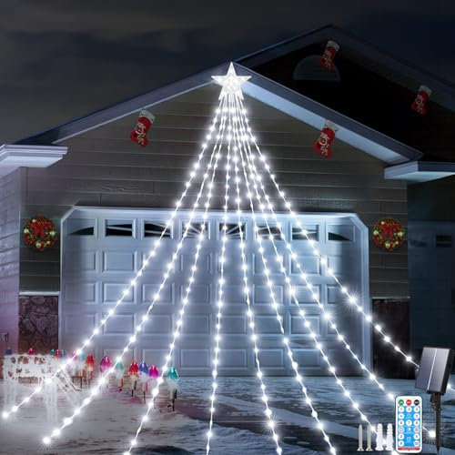 Aofonchy Luces Solares para Árbol de Navidad, 2M*9 Cascada Impermeable Con 8 Modos & 198LED, Guirnalda de Hadas para Fiesta y Jardín