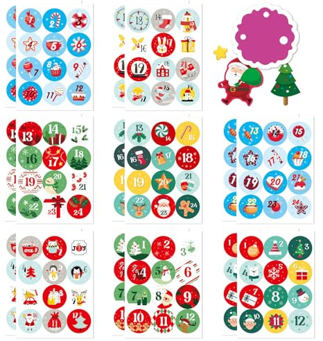 RUIYWEN 16 Blätter Weihnachtsaufkleber Zahlen 1-24 Runde Aufkleber Weihnachten Etiketten für Adventskalender Nummerierten Weihnachtsdekoration (3,8 cm, 192 Aufkleber)