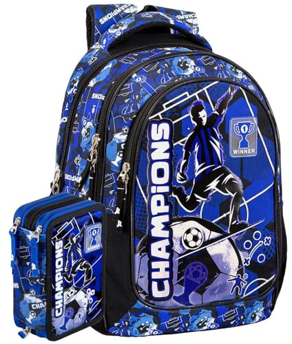 Clondo Schoolpack Schulrucksack mit Federmäppchen mit 3 Fächern, gefüllt für Kinder, Jungen und Mädchen, Champions Schwarzblau