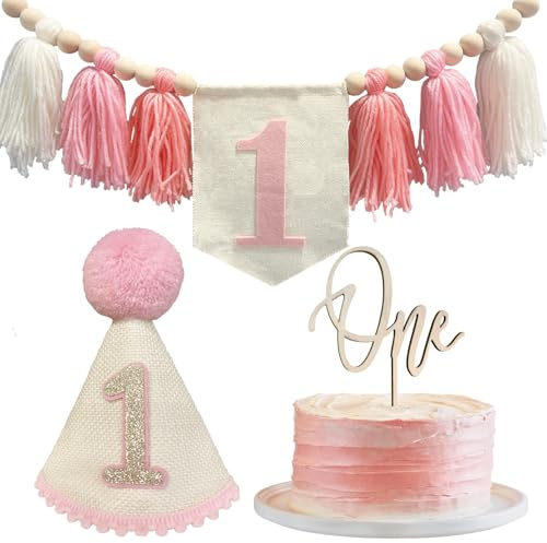 Yoolhamy Hochstuhl Banner 1. Geburtstag mit Geburtstagskrone Dekorationen und Kuchendekoration für den Ersten Geburtstag Jungen und Mädchen (Baby Girl Pink)