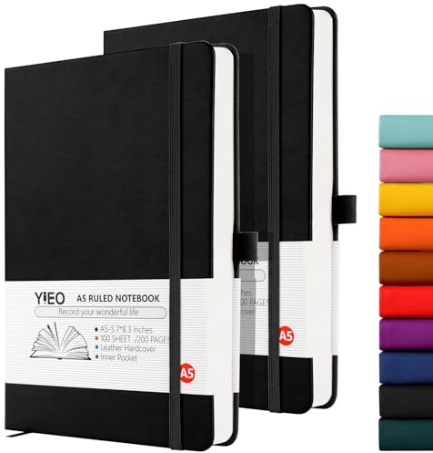 YIEO Notebook A5, 2 Pack Hardback Journal Notebook with 398 Lined Pages 80 GSM Leather Notepad with Bookmark, Pen Loop and Expandable Paper Pocket, for Office School Supplies (Black+Black)