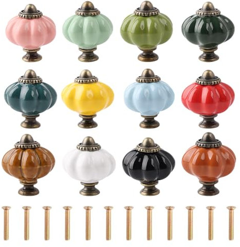 QSWY Pumpkin Cabinet Knobs - Colourful Vintage Ceramic Knobs for Kitchen Cupboard Wardrobe Drawer Door (12 PCS)