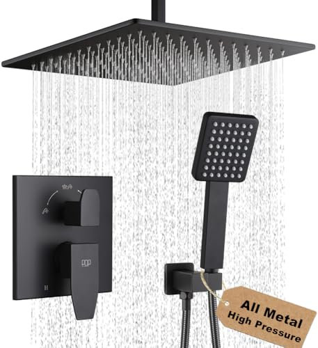 30,5 cm Deckenhalterung Duscharmatur-Set Mattschwarz Decke Regendusche Kopf und Griff Set Badezimmer Regenduschsystem inklusive Duschventil und Verkleidungsset