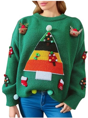 Damen Pullover Oberteil Weihnachtlich Gestricktes Lockeres Mit Rundhalsausschnitt, Strickpullover Ugly Christmas, Weihnachtspullover Baumwolle Bequem, Sweater Elegant Schick, Winterpullover Warme Mode