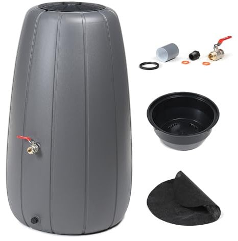 Réservoir d'eau de pluie, 200 l, pour l'extérieur, en plastique robuste, rond et haut, trous de drainage, couvercle, insert de pot, système de drainage, avec robinet à boisseau sphérique droit 3/4