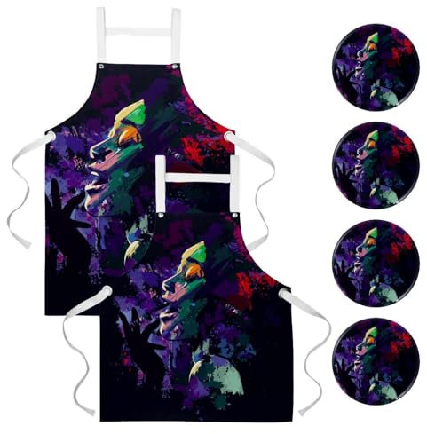 VAPOKF Küchenschürze, Kellnerschürze zum Kochen, Backen, Hausreinigung, Restaurant, Arbeit, Bistro, Bar mit 4 Broschen, Anstecknadeln – American Jazz Sänger, multi, One Large and One Medium Size Apron