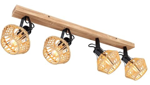 Ceiling Light Wood Effect Hemp Rope Spotlight Lamp Swivel Spotlight Strip Living Room Metal E27 Sockets L x W x H 80 x 16 x 25 cm