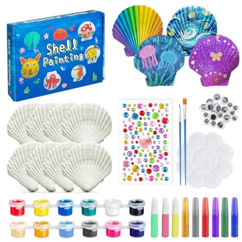 LUCKNIGHT Conchas que Brillan en la Oscuridad Pintar Manualidades para Niños, Kit Pintura de Conchas para Niños, Manualidades Niños, Pintar Kit con Conchas, Regalos para Niñas y Niños de 5-10 Años