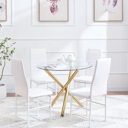 Juego de mesa de comedor redonda de cristal con 4 sillas de poliuretano, muebles modernos para espacios pequeños, patas cromadas, oro brillante y blanco