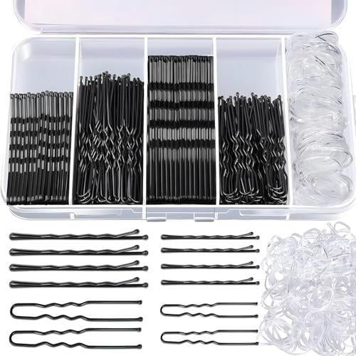 500 Stück Haarnadeln Klein Bobby Pins Set Haarklammern U-förmige Haarnadeln 2inch 2.36inch, Hair Pins 2inch 2.75inch, Durchsichtige Haargummi mit Aufbewahrungsbox für Frauen Mädchen(Schwarz)