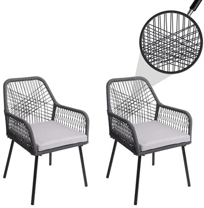 Mendler 2er-Set Gartenstuhl HWC-O12, Outdoor Sitzpolster Aluminium Seilgeflecht Rope - anthrazit, Bezug grau