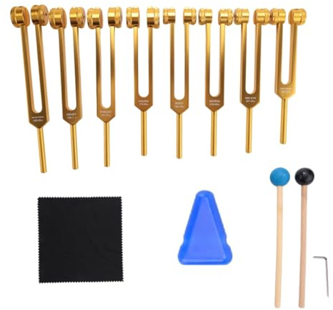 omolly Chakra Tuning Fork Set, 7 Chakra+1 Soul Purpose Weighted Tuning Forks for Meditation,Yoga, Sound Healing gold