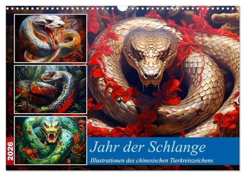 Jahr der Schlange - Illustrationen des chinesischen Tierkreiszeichens (Wandkalender 2026 DIN A3 quer), CALVENDO Monatskalender: Farbenfrohe ... chinesische Tierkreiszeichen (CALVENDO Tiere)