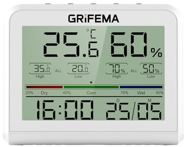 GRIFEMA GA2901, Termometro Igrometro Digitale, Igrometro Umidità Casa con Retroilluminazione, Registrazione Max/Min, Orologio/Data, Ideale per Casa/Serra, Bianco
