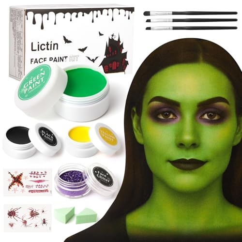 Kit de Bruja Verde para Maquillaje Halloween - Lictin Kit Completo de halloween face facial con Purpurina Violeta, Maquillaje SFX Profesional para Disfraces, Cosplay y Carnaval para Adultos y Niños