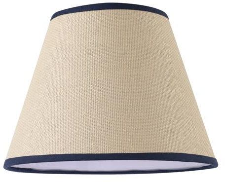Traditional Rattan Tweed Lamp Shade with Navy Blue Cotton Fabric Trims | 25cm x 19cm | for Ceiling Pendant or Table Lamp Base by Happy Homewares