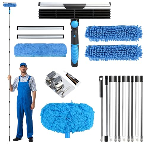 Feelhap Limpiacristales con Mango Extensible 4.3 M, Limpiador de Ventanas | 4 en 1 Limpia Cristales Ventanas, Kit Limpiacristales Telescopico Profesional con Escobilla de Silicona & Paños de Microfibra