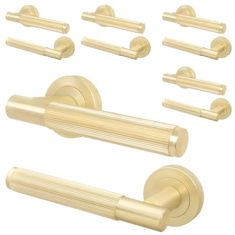 EAI Satin Brass Door Handles, 5 Pairs Lever on Rose - Oruro | 5 Pairs of Lever on Rose Internal Door Handles, Fixings Included