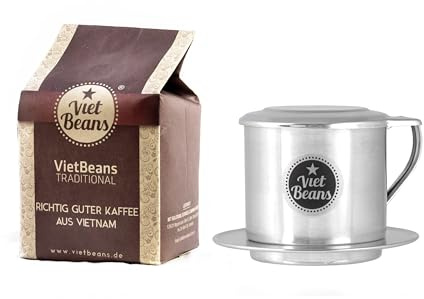 VietBeans Kaffee Traditional und Phin - Traditionelle vietnamesische Kaffeezubereitung im Phin - Hochwertiger gemahlener Röstkaffee 250g - Kaffeefilter Cafe Phin 150 ml