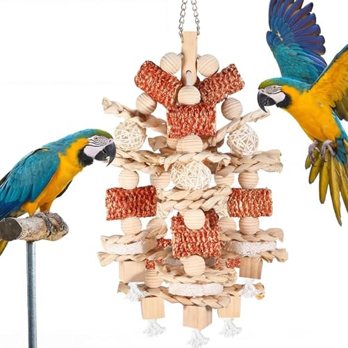 Eulihent 16,5 Zoll Papageienspielzeug Kauen Spielzeug, Vogelspielzeug mit Maiskolben und Karambole Holz Hängen, Naturholz Nymphensittich Spielzeug, Papagei Spielzeug für alle Papageien