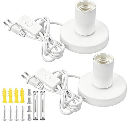 2 Stück Schreibtischlampe Lampenfassung E27 mit Kabelschalter, Vintage E27 Tischlampenfuß, Industrielle Fassung mit Stecker, 1,8m Netzkabel, für Schlafzimmer, Wohnzimmer, Büro (Weiß)