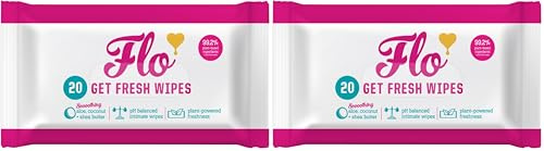 Flo - Get Fresh Wipes (20 Count, Pack of 2) pH Balanced Feminine Wipes - Super Soft - Soothing Aloe Vera, Coconut, Shea Butter - Sensitive Skin Friendly - Made with Plant Cellulose - Vegan Friendly