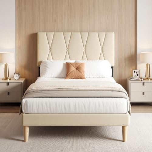 Blishom Polsterbett 120x200cm Doppelbett, Bettrahmen mit Kopfteil, Beige | Metallrahmen mit Holzlatten, Stauraum unter Dem Bett, Höhe 33 cm Bettgestell, Einfache Montage