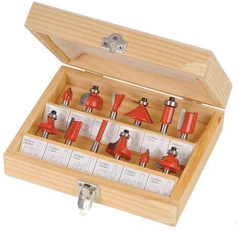 12 Piece 1/4 Inch TCT Router Bit Set - Woodwork, Cutting - Wooden Case - Loops