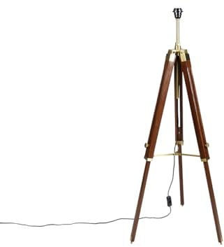 Qazqa - Vintage Floor lamp Brass Tripod - Cortin- - Country - Suitable for LED E27 | 1 Light - Wood Floor lamp - Suitable for Bedroom I