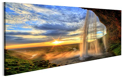 Bild Bilder auf Leinwand Seljalandfoss-Wasserfall bei Sonnenuntergang in HDR Island Wandbild, Poster, Leinwandbild MRQ