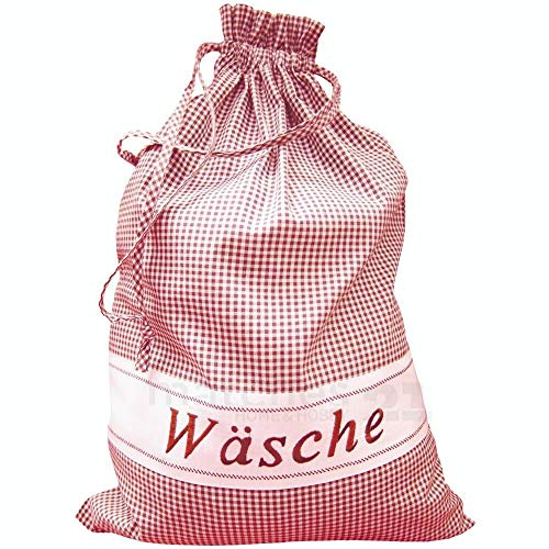 Wäschesack Stoff rot kariert mit ,,Wäsche'-Schriftzug bestickt - Stoffbeutel 45 x 65 cm Wäschesammler, plastikfreie Aufbewahrungstasche mit Kordelzug - Baumwollbeutel Landhaus für Reisen Camping